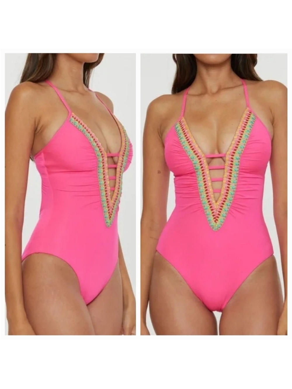 BECCA Hot Pink Deep V One-Piece Swimsuit with Multicolor Crochet Trim